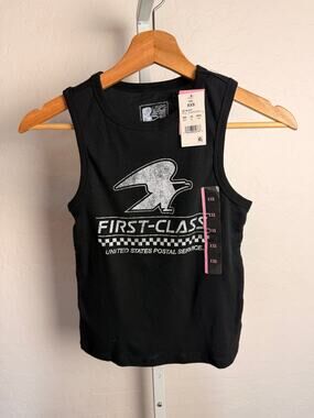 USPS First-Class Graphic Tank Top Women’s XXS Black Sleeveless Shirt NWT